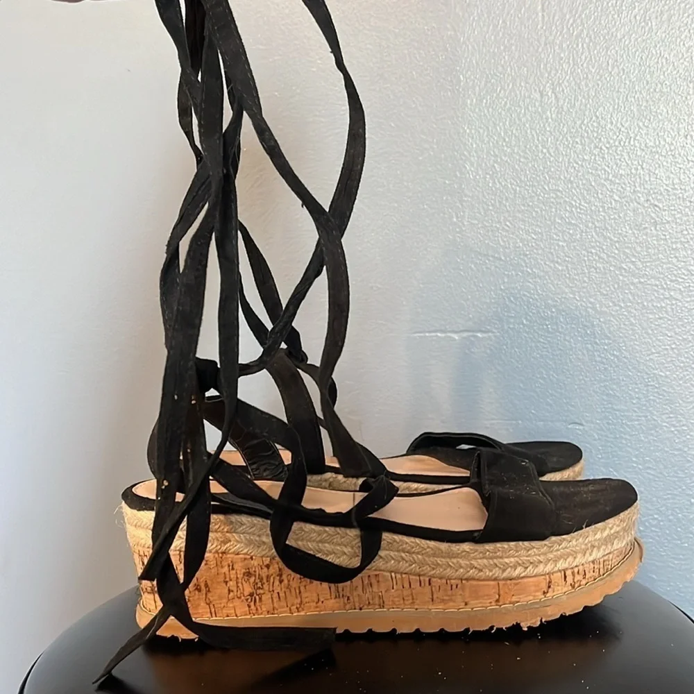 Mannika Flatform espadrille wedge, black straps for around the leg women’s 10.5